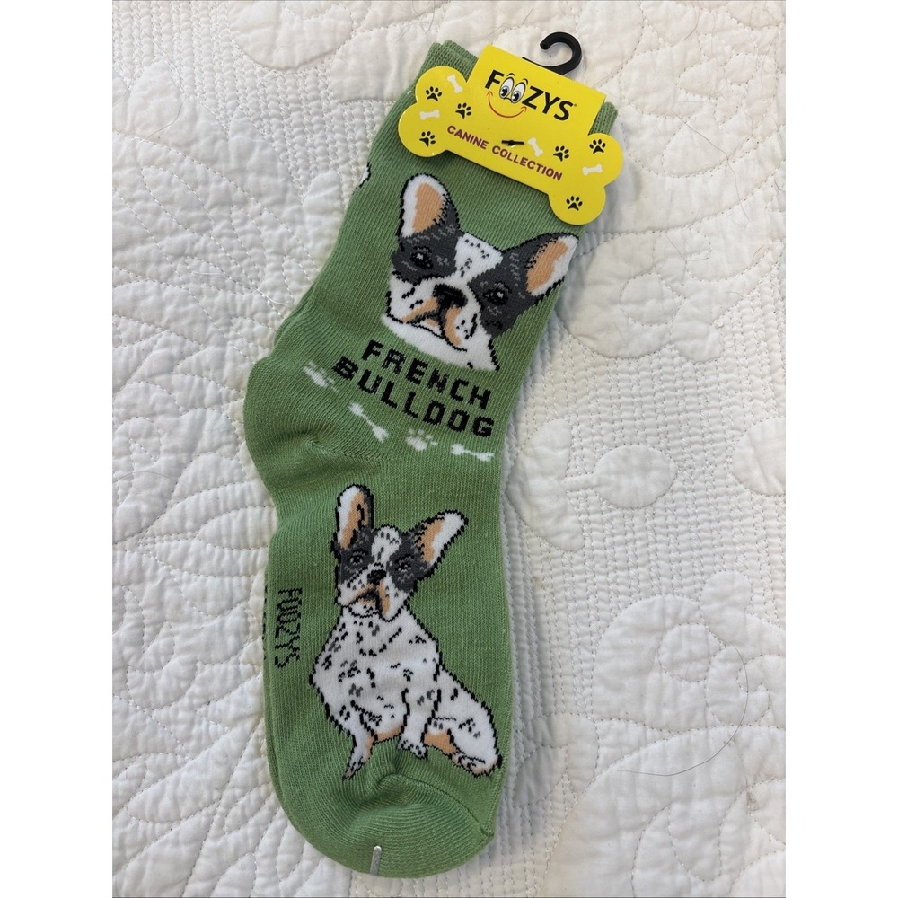 Foozy's Canine Collection French Bulldog Socks Women SZ 9-11 Green PolyBlend New